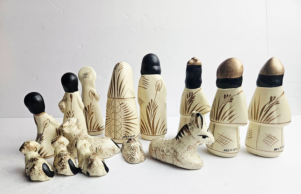 Thumbnail: Vintage Mexican Tonala Folk Art Pottery Nativity Set - 13 Piece Gold & White