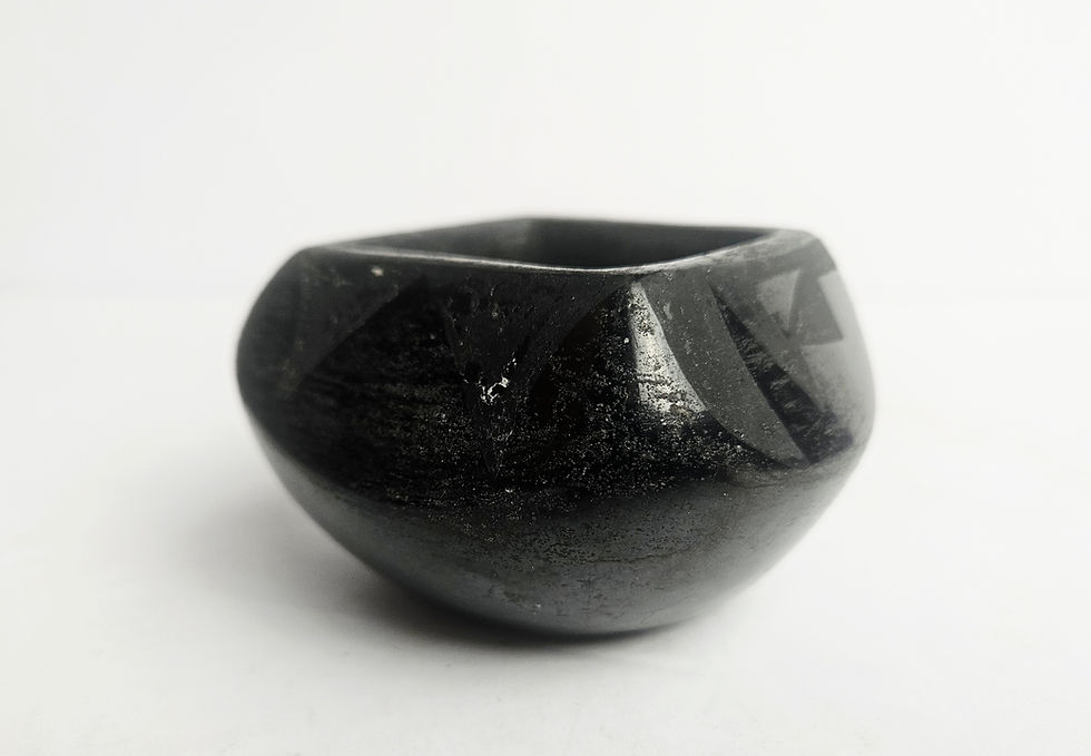 Thumbnail: Vintage San Ildefonso Pueblo Black on Black Pottery Square Bowl
