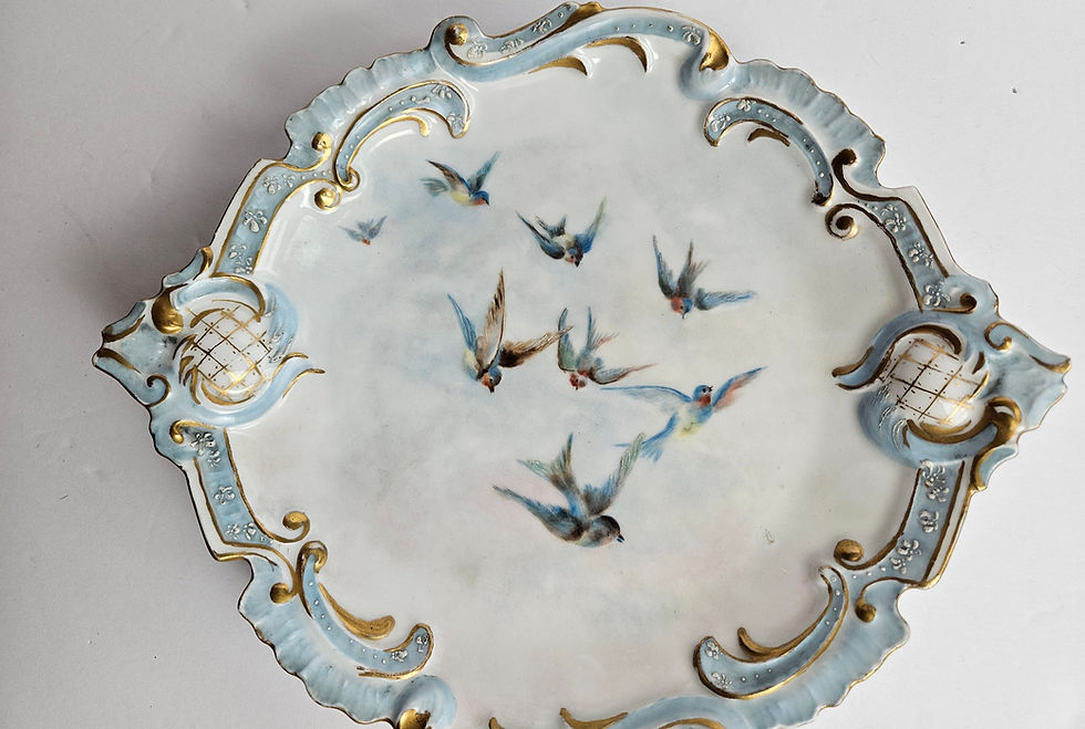 Thumbnail: Antique Leonard Vienna Austria Scalloped Serving Plate, Hand Painted Birds Gold