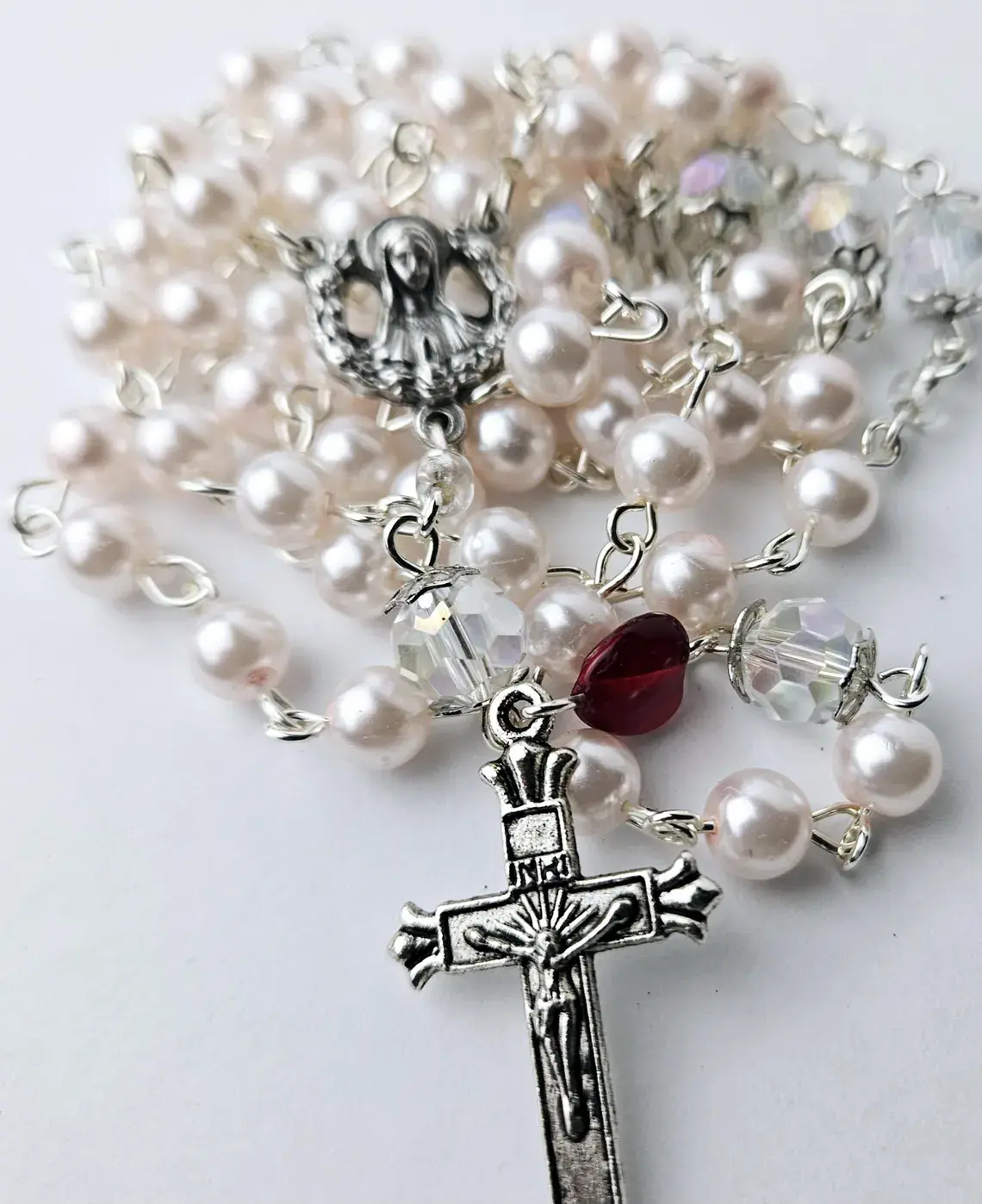 Pretty in Pink Catholic Rosary Pink Pearl with Blessed Mary Center