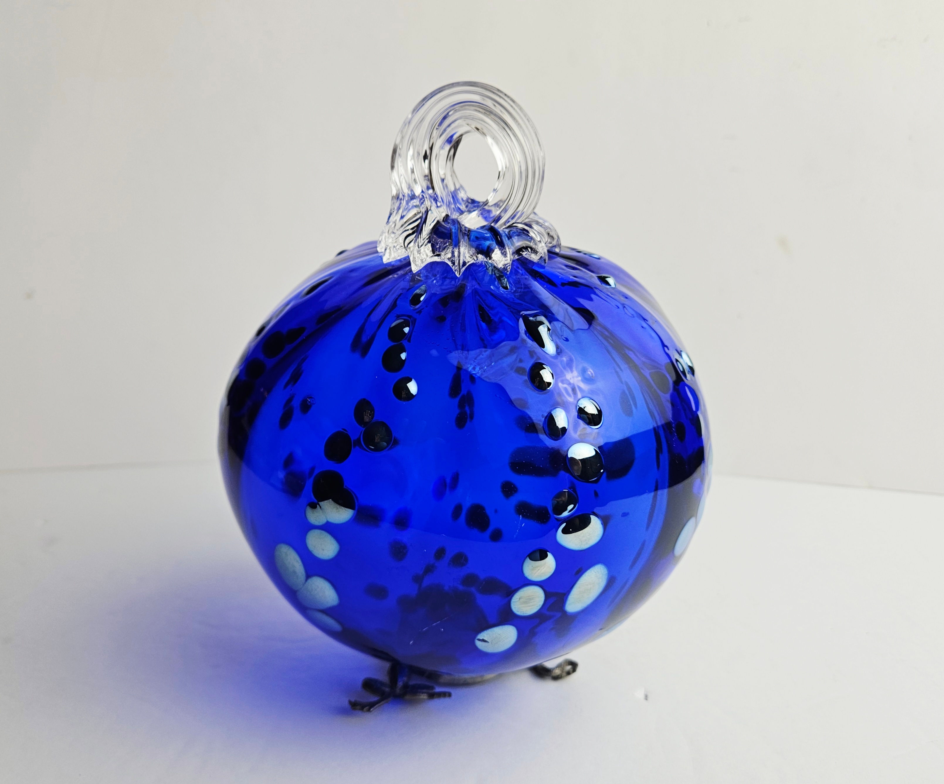 Hand Blown Cobalt Blue and Silver Art Glass Friendship Orb