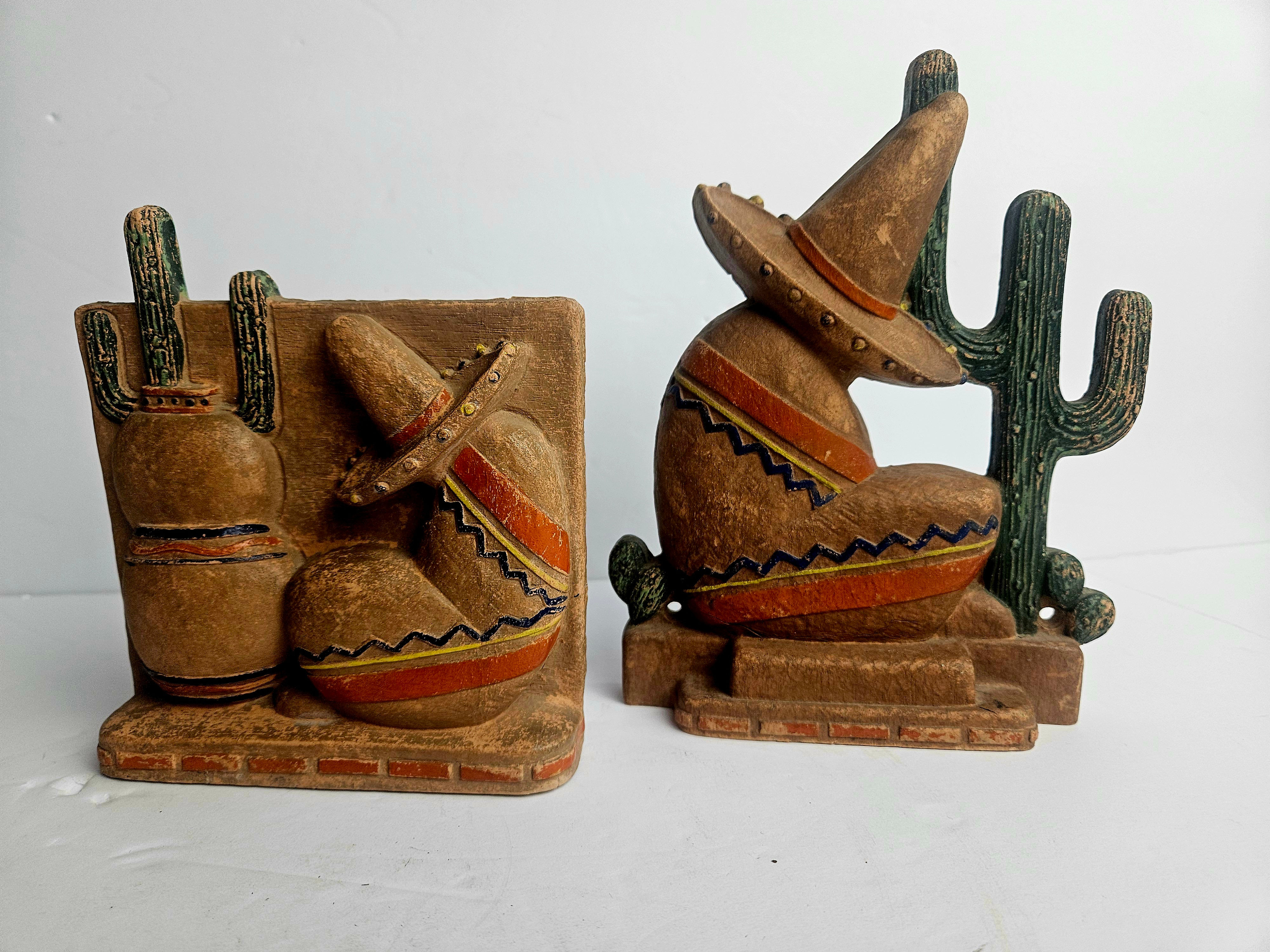 Vintage Syroco Wood Mexican Siesta Bookends Saguaro Cactus Sombrero Southwest De