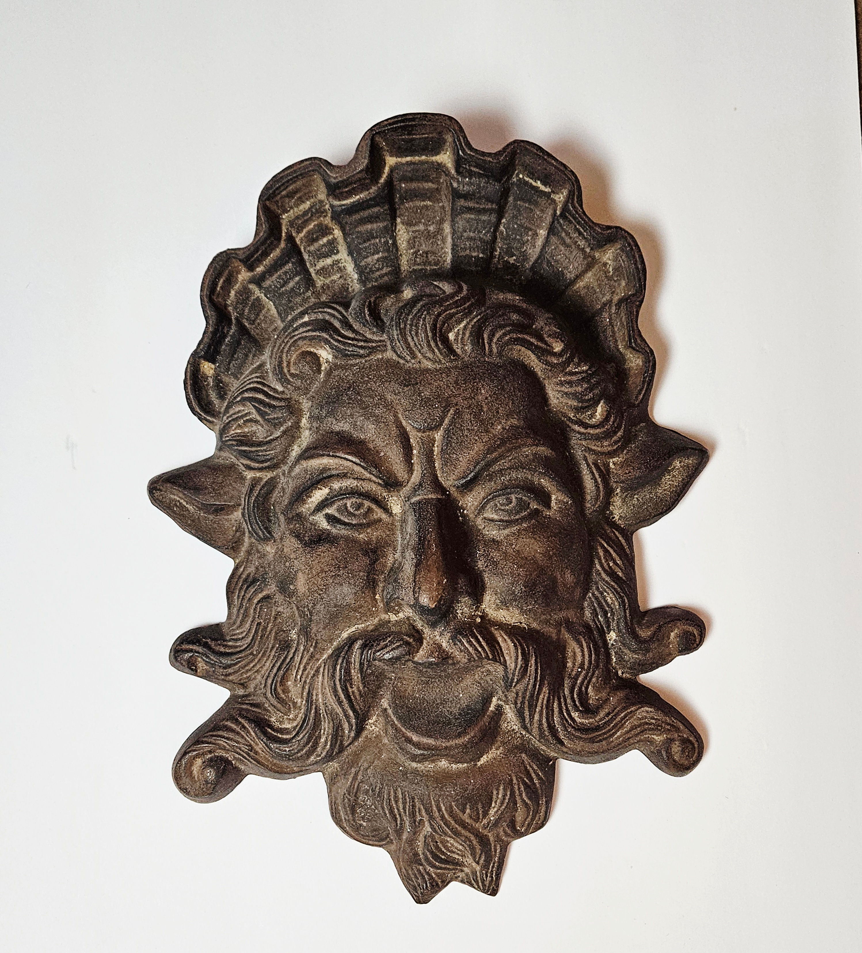 Vintage Cast Iron Poseidon Neptune Wall Plaque 16" North Wind Garden Mask