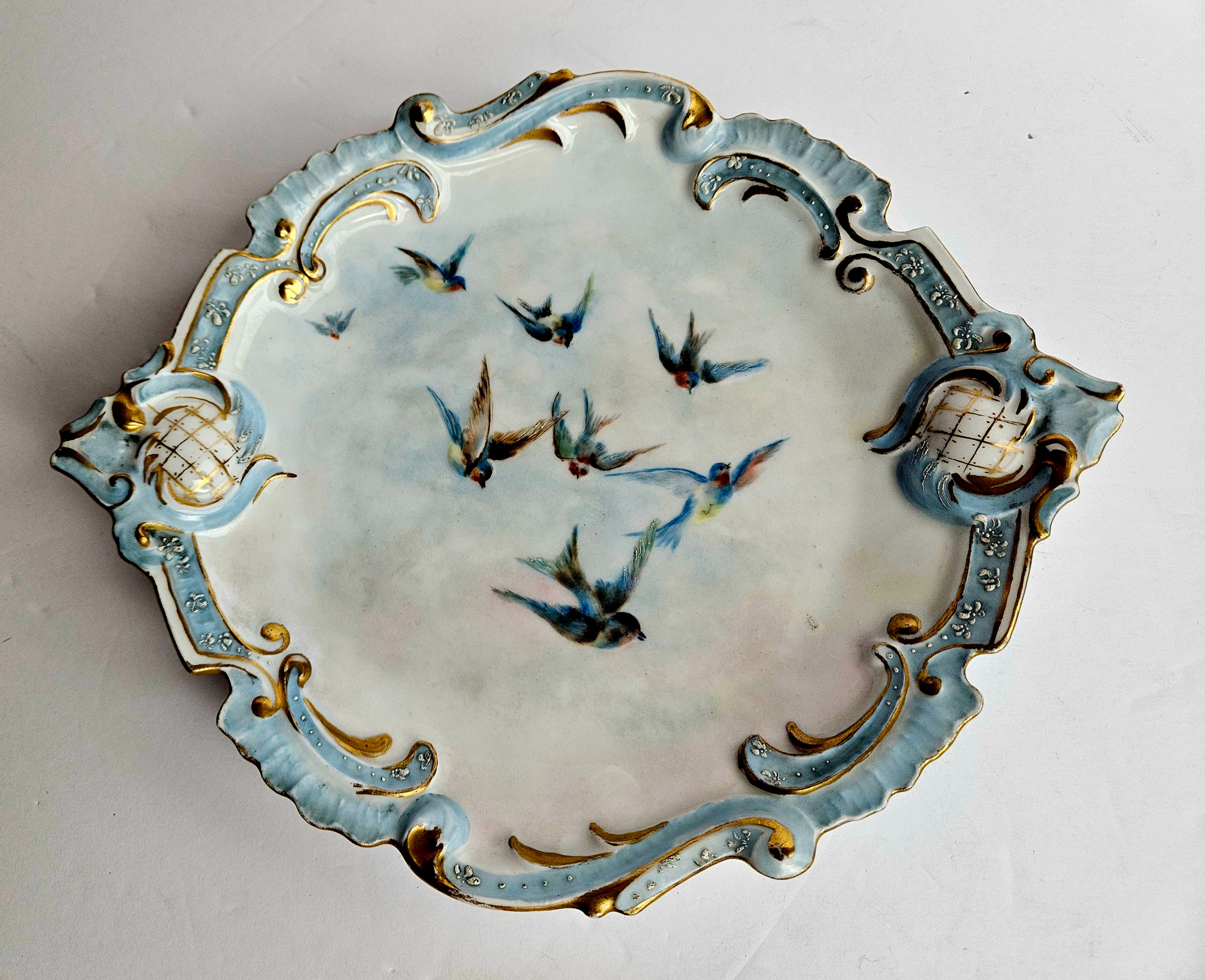 Antique Leonard Vienna Austria Scalloped Serving Plate, Hand Painted Birds Gold