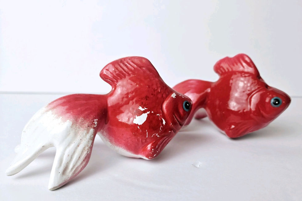 Thumbnail: Vintage Ceramic Red Goldfish Salt and Pepper Shakers Set Mid Century Koi Fish