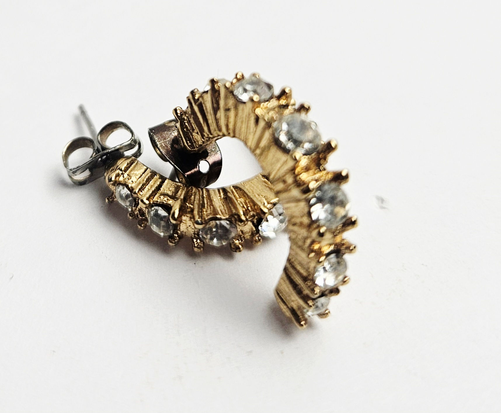 Vintage Gold Rhinestone Spiral Hoop Earrings | Retro Mid-Century Statement