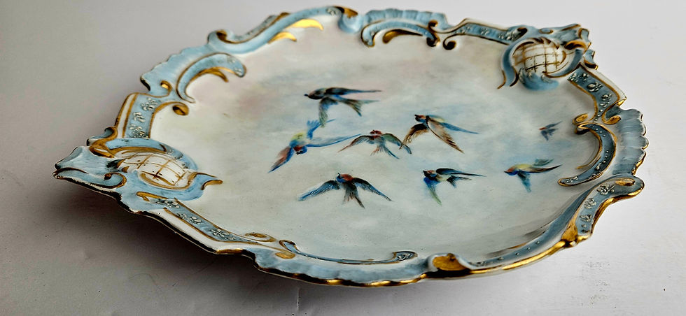 Thumbnail: Antique Leonard Vienna Austria Scalloped Serving Plate, Hand Painted Birds Gold