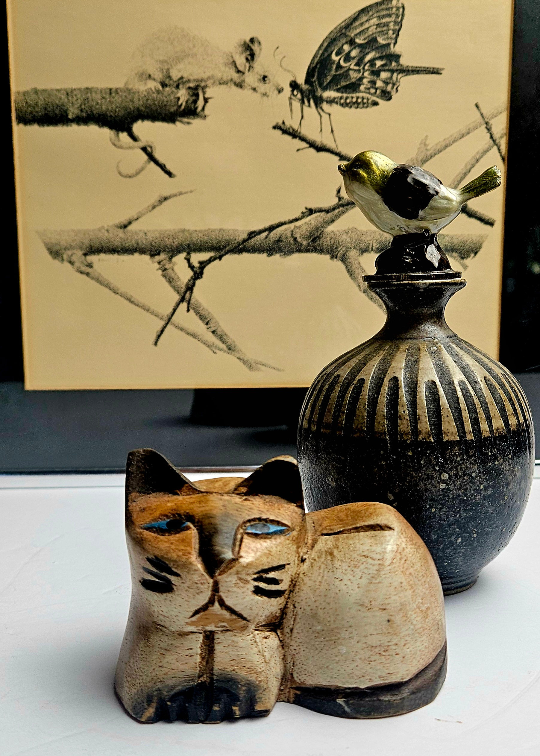 Vintage Hand Carved Wood Siamese Cat Figurine | Blue Eyes Folk Art MCM Sculpture