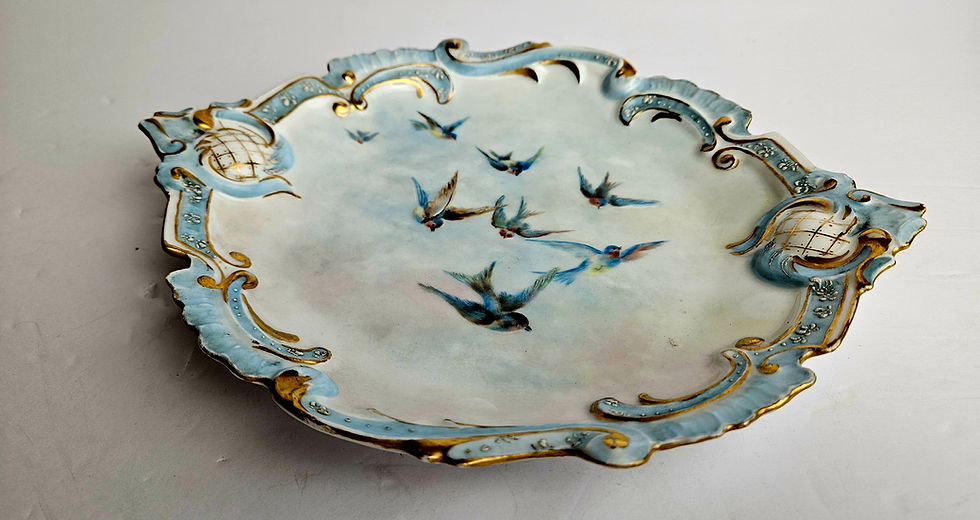 Thumbnail: Antique Leonard Vienna Austria Scalloped Serving Plate, Hand Painted Birds Gold