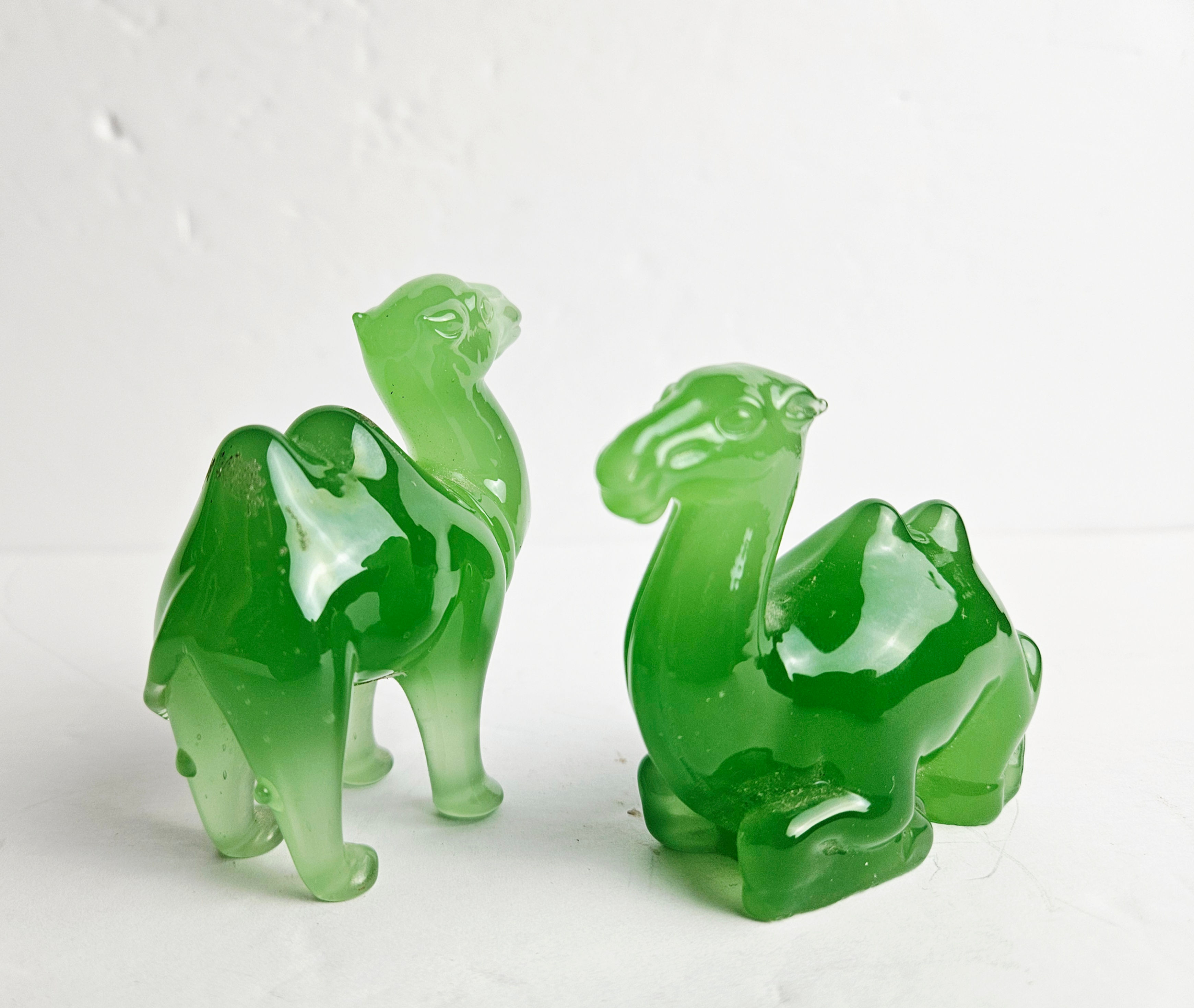 Vintage Green Jade Glass Camel Figurines Pair - Guardians of the Ming Dynasty