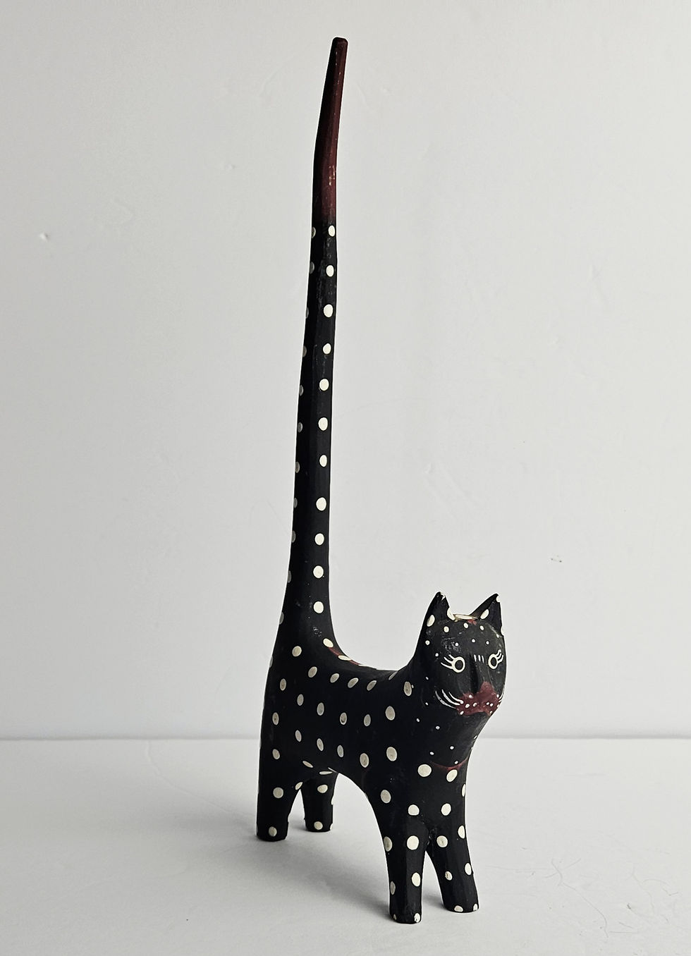 Thumbnail: Vintage Whimsical Polka Dot Tall Tail Wooden Cat Figurine Hand-Painted Folk Art