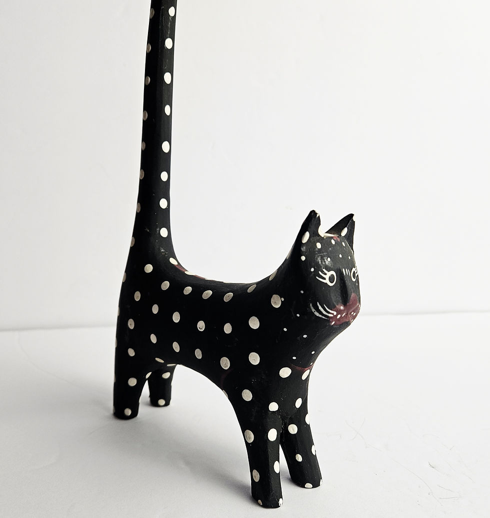Thumbnail: Vintage Whimsical Polka Dot Tall Tail Wooden Cat Figurine Hand-Painted Folk Art