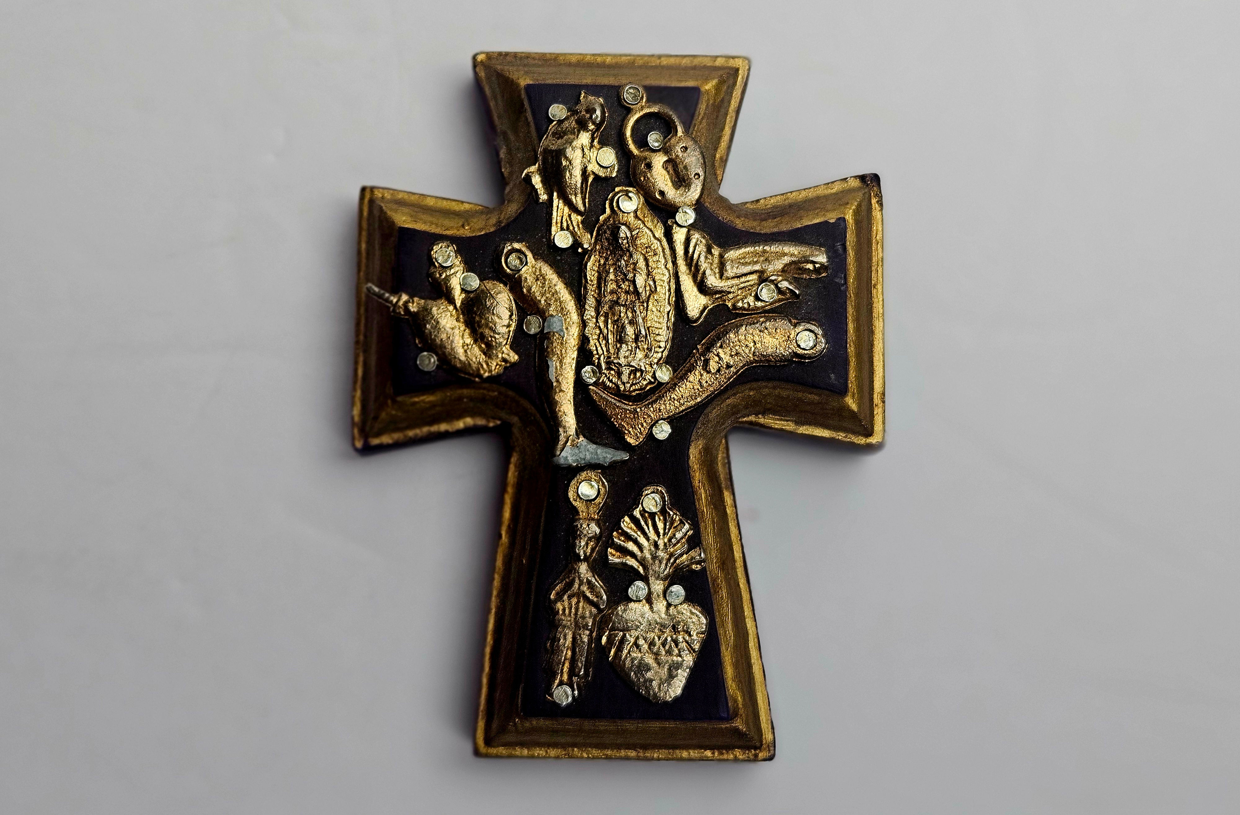 Vintage Mexican Milagro Cross Wood Gold Charms Ex Voto Folk Art Religious Decor