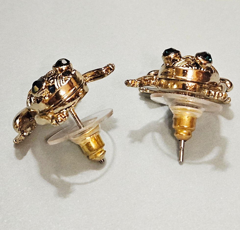 Thumbnail: Betsey Johnson Jadeite Frog Earrings Basketweave Gold Tone New Carded