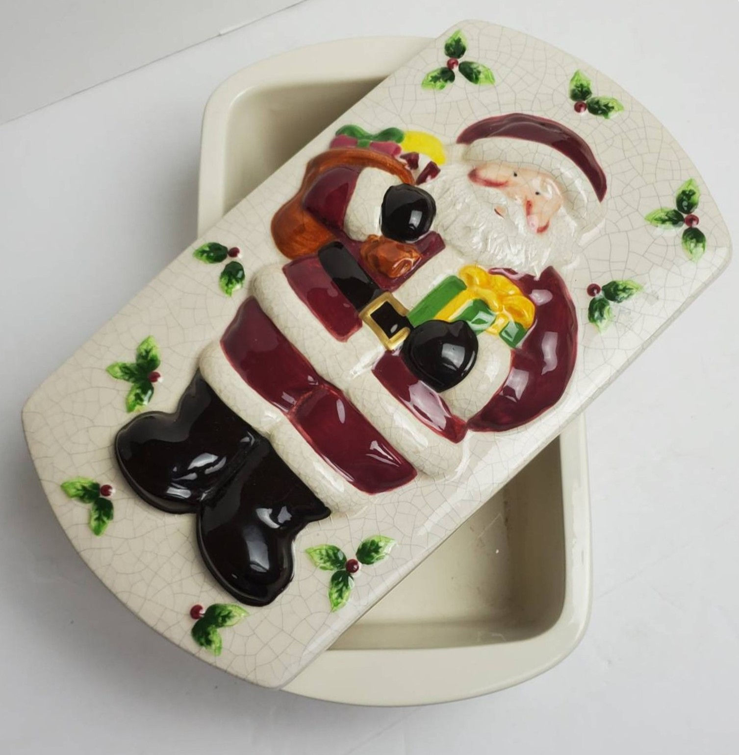 Vintage Stoneware Ceramic Christmas Baking Dish Featuring Santa Claus