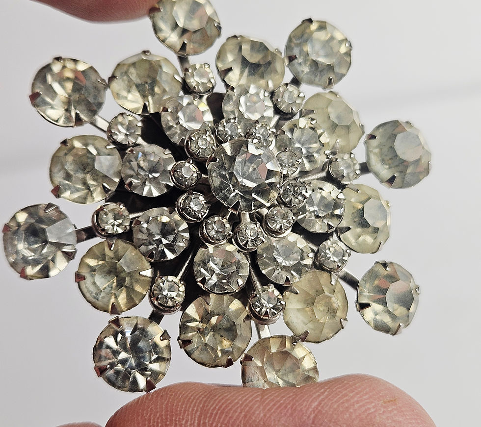 Thumbnail: Vintage Coro Atomic Sunburst Brooch - Tiered Clear Rhinestone Snowflake Pin