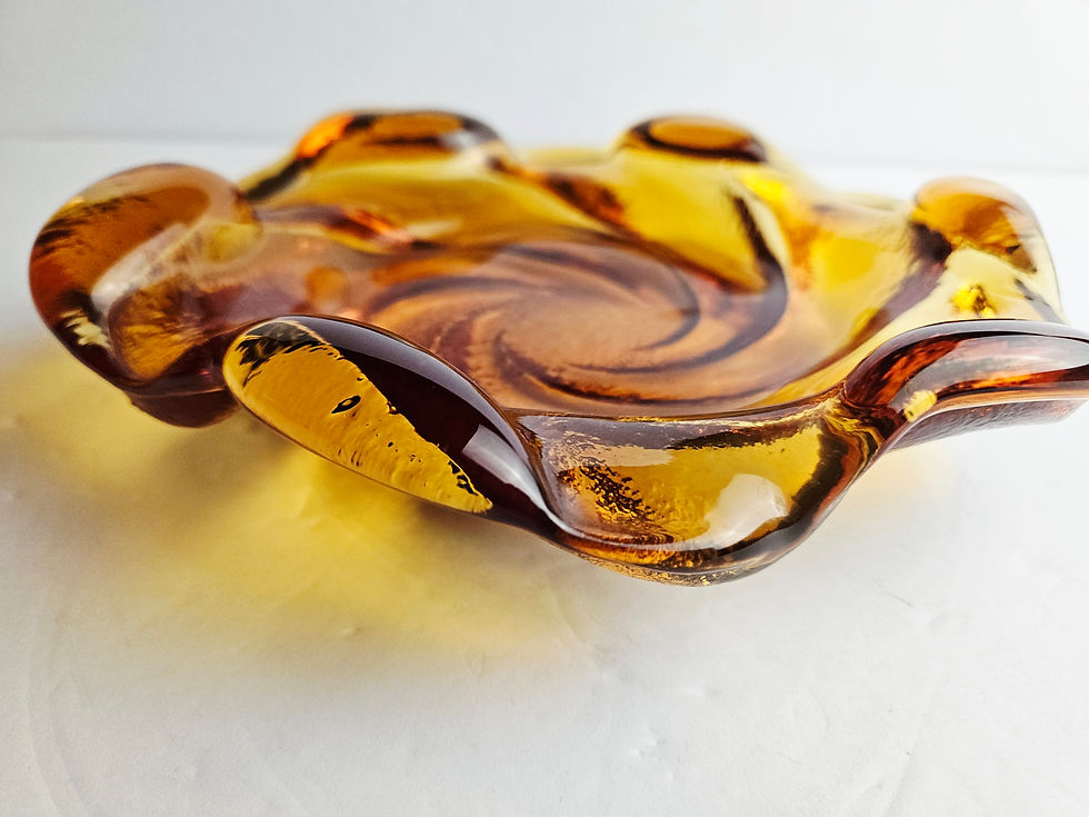 Thumbnail: Vintage Fenton Amber Art Glass Flower Swirl 9" Bowl Ashtray Mid Century Modern