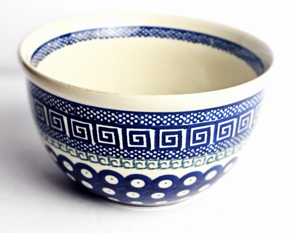 Thumbnail: Vintage Polish Pottery Bowl 7" Grecian Peacock Greek Key Boleslawiec Stoneware