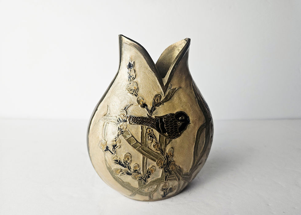 Thumbnail: Vintage Cloisonné Brass and Enamel Vase Songbird Objet D' Art
