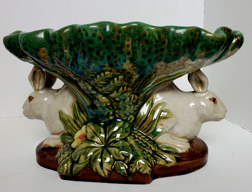 Thumbnail: Mid 20th Century Italian Majolica Pottery Twin Rabbit Centerpiece Compote Bowl