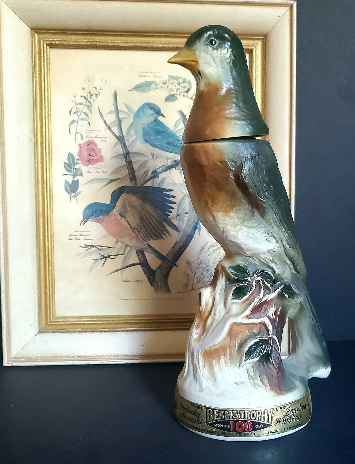 Vintage Jim Beam Bourbon Whiskey Decanter feat: Regal China American Robin c1969