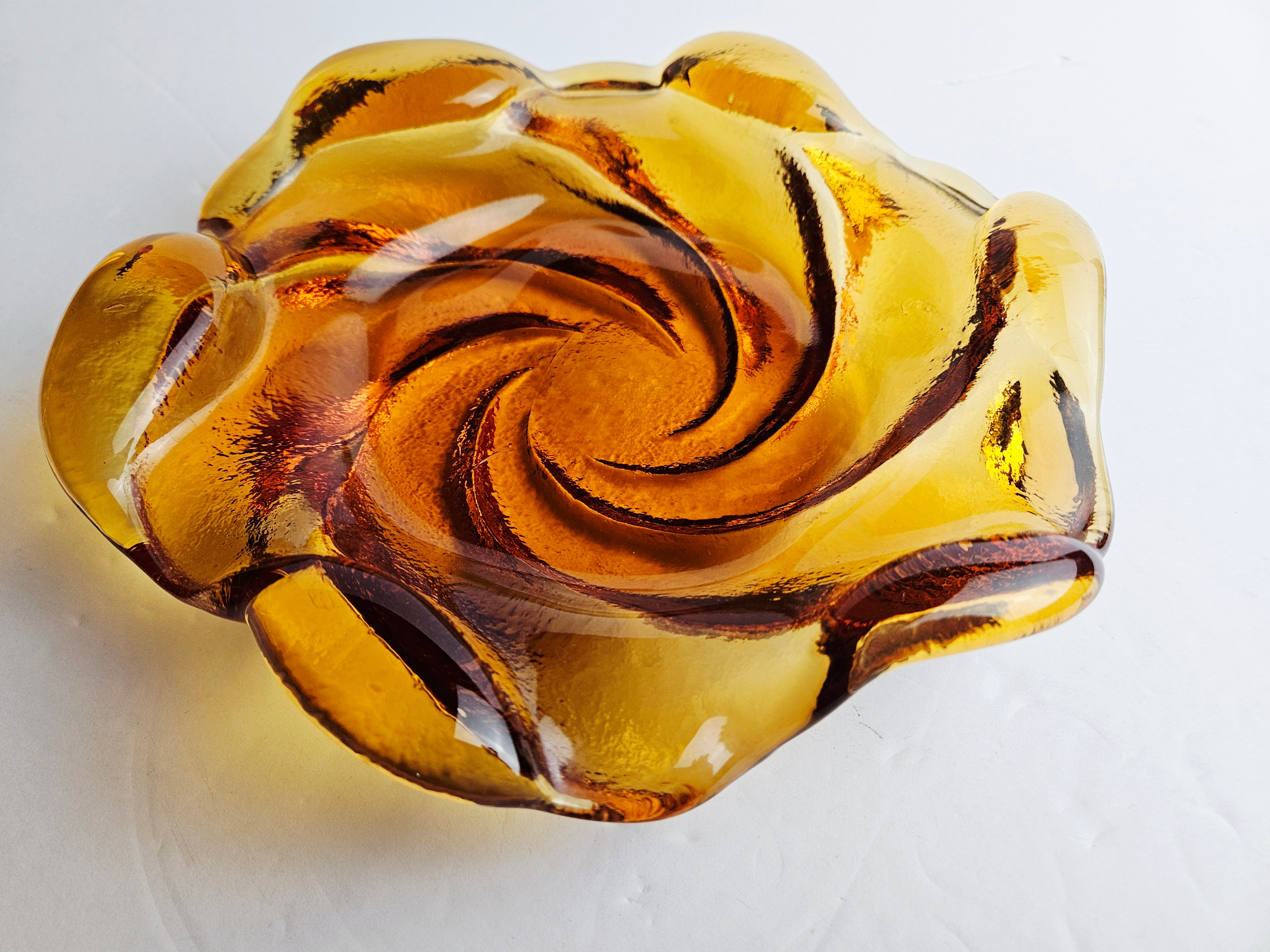 Vintage Fenton Amber Art Glass Flower Swirl 9" Bowl Ashtray Mid Century Modern