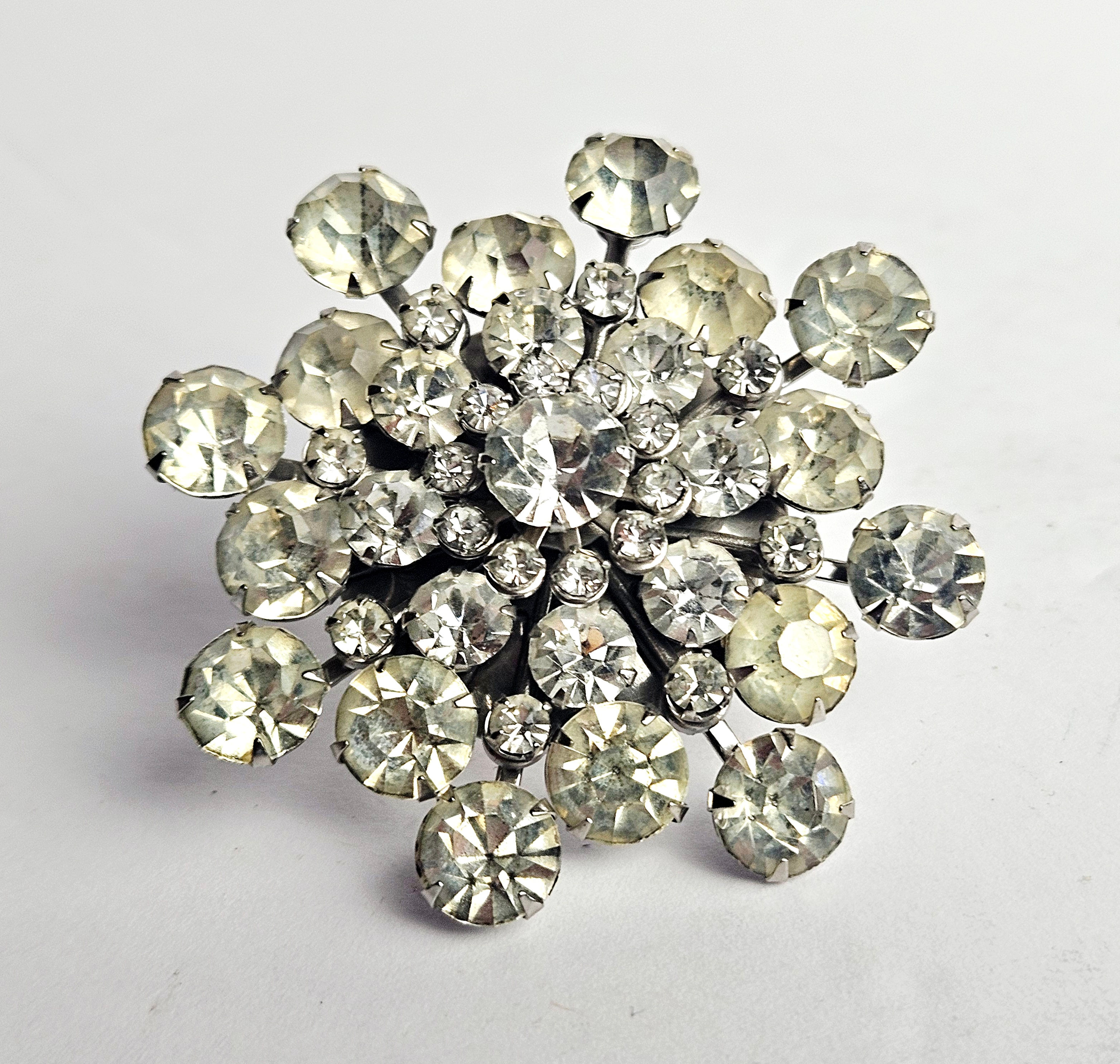 Vintage Coro Atomic Sunburst Brooch - Tiered Clear Rhinestone Snowflake Pin