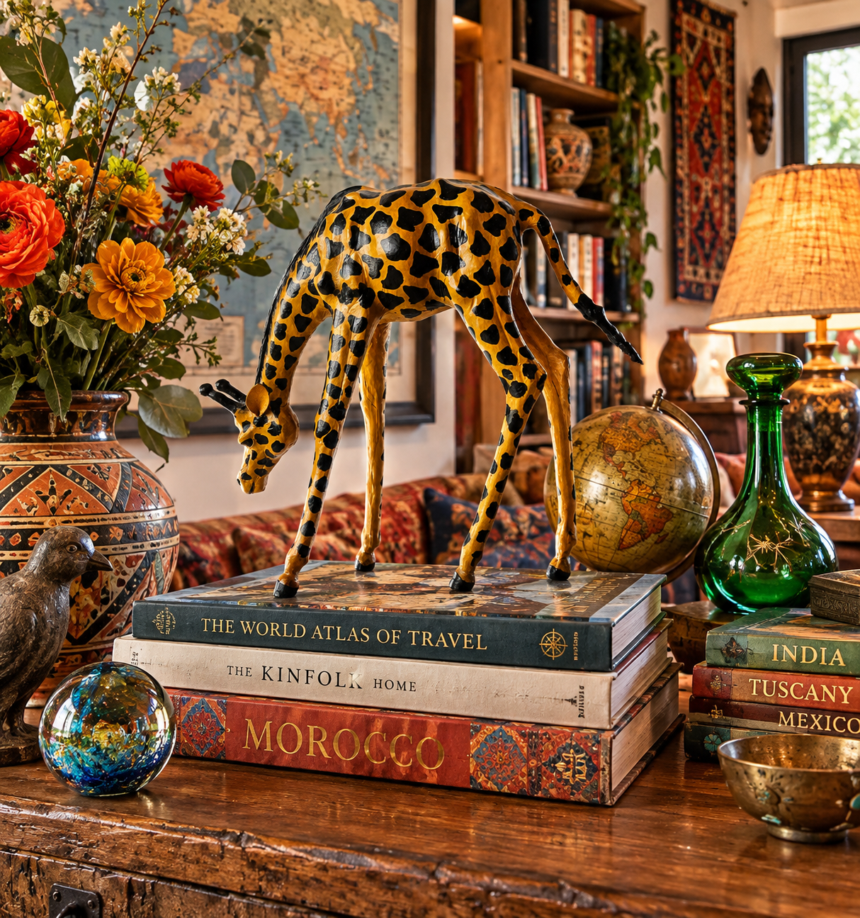 Vintage Leather Wrapped Giraffe Statue Hand Painted Mid Century Safari