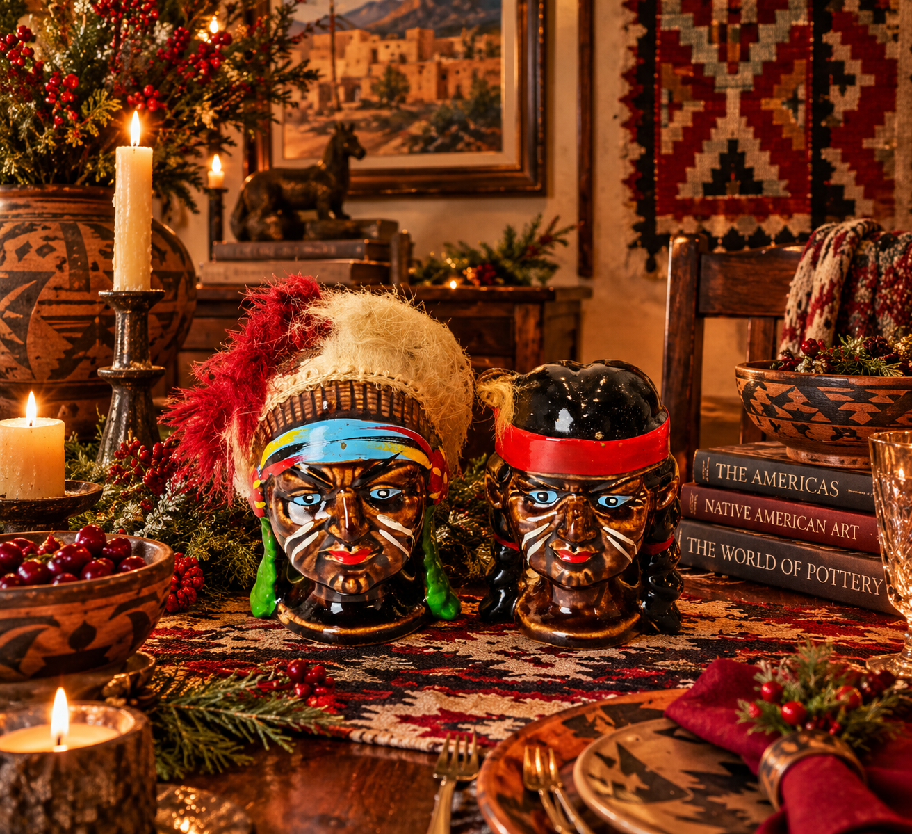 Vintage Ceramic Native American Indian Chief Salt and Pepper Shakers Faux Fur Fe