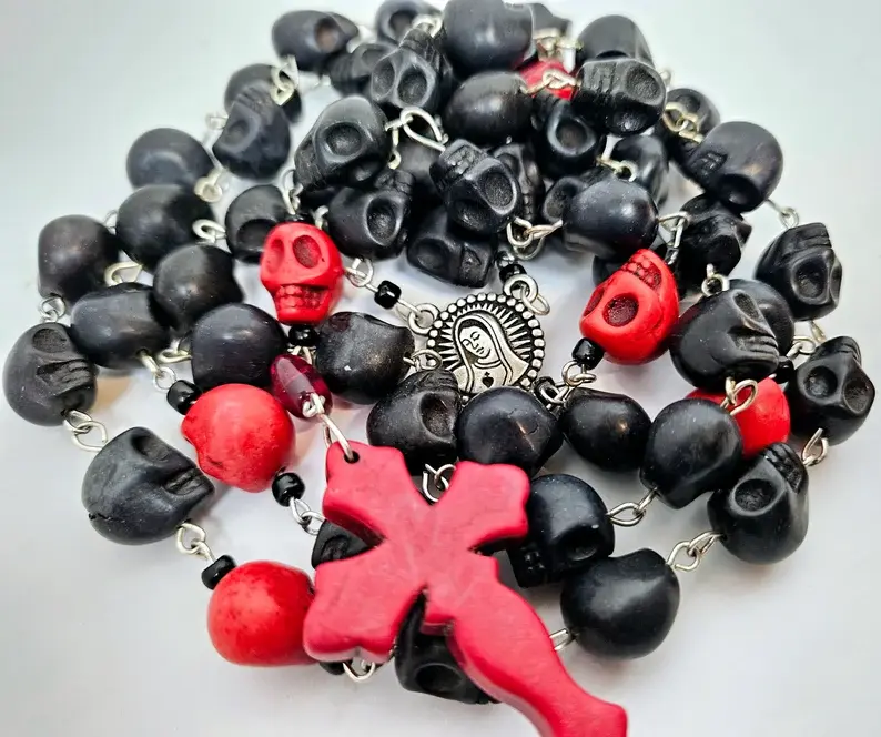 Thumbnail: Handmade Black Skull Rosary - Day of the Dead Calaveras Catholic Rosary