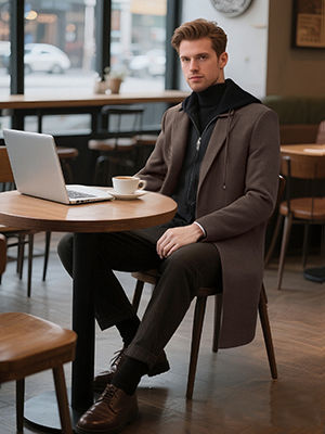 Thumbnail: PRIJOUHE Men's Wool Coat Hoodie Long Trench Coat Cotton Casual Woollen Overcoat 