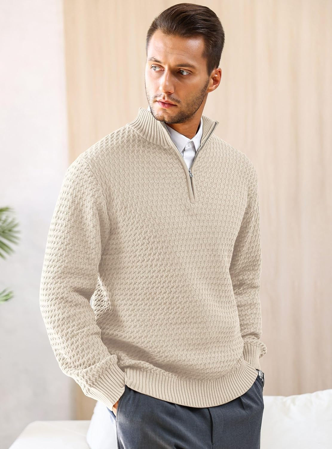 Men's Quarter-Zip Sweater Textured-Knit Mock Neck Pullover Business Casual Slim