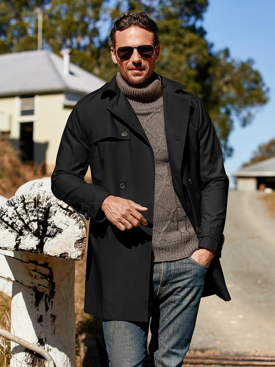 Pretifeel Mens Trench Coat Slim Fit Double Breasted Long Jacket Notched Lapel Be