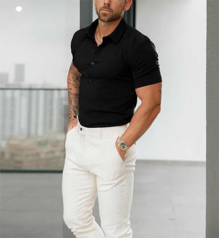Thumbnail: Men’s Muscle Fit Dress Shirts Athletic Slim Fit Short Sleeve Stretch Casual Butt
