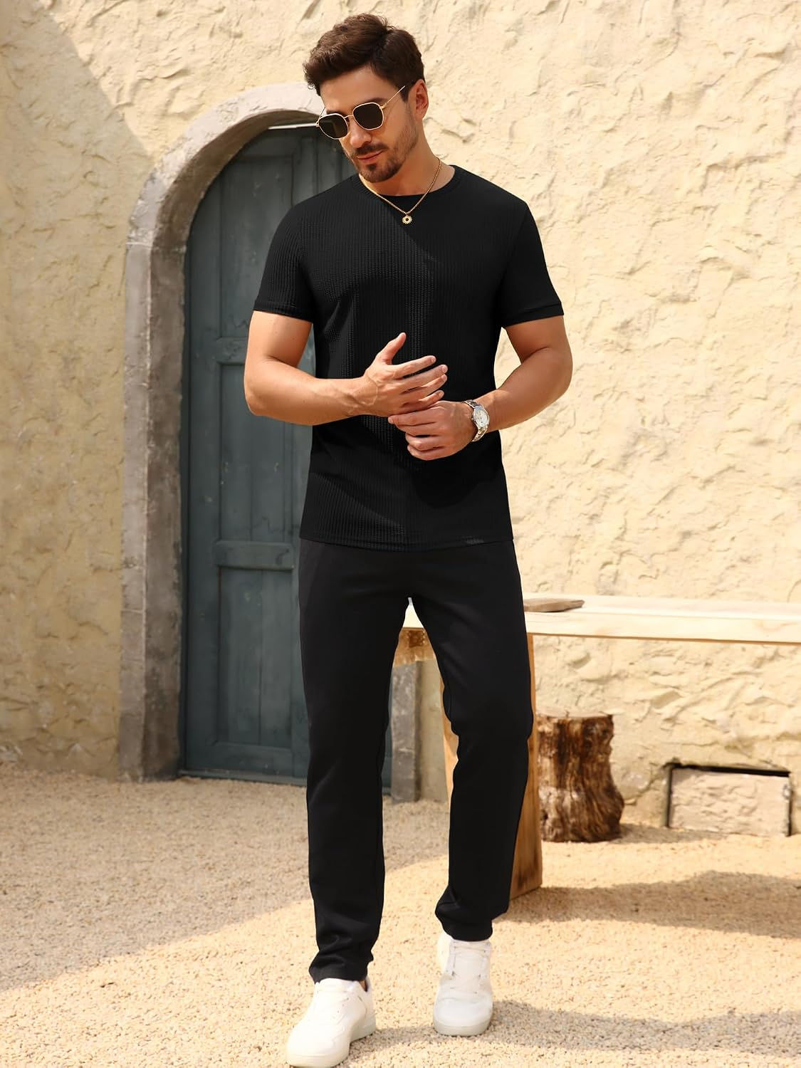 Beotyshow Men's Ribbed Knit T Shirts Short Sleeve Crew Neck Slim Fit Stretchy Mu