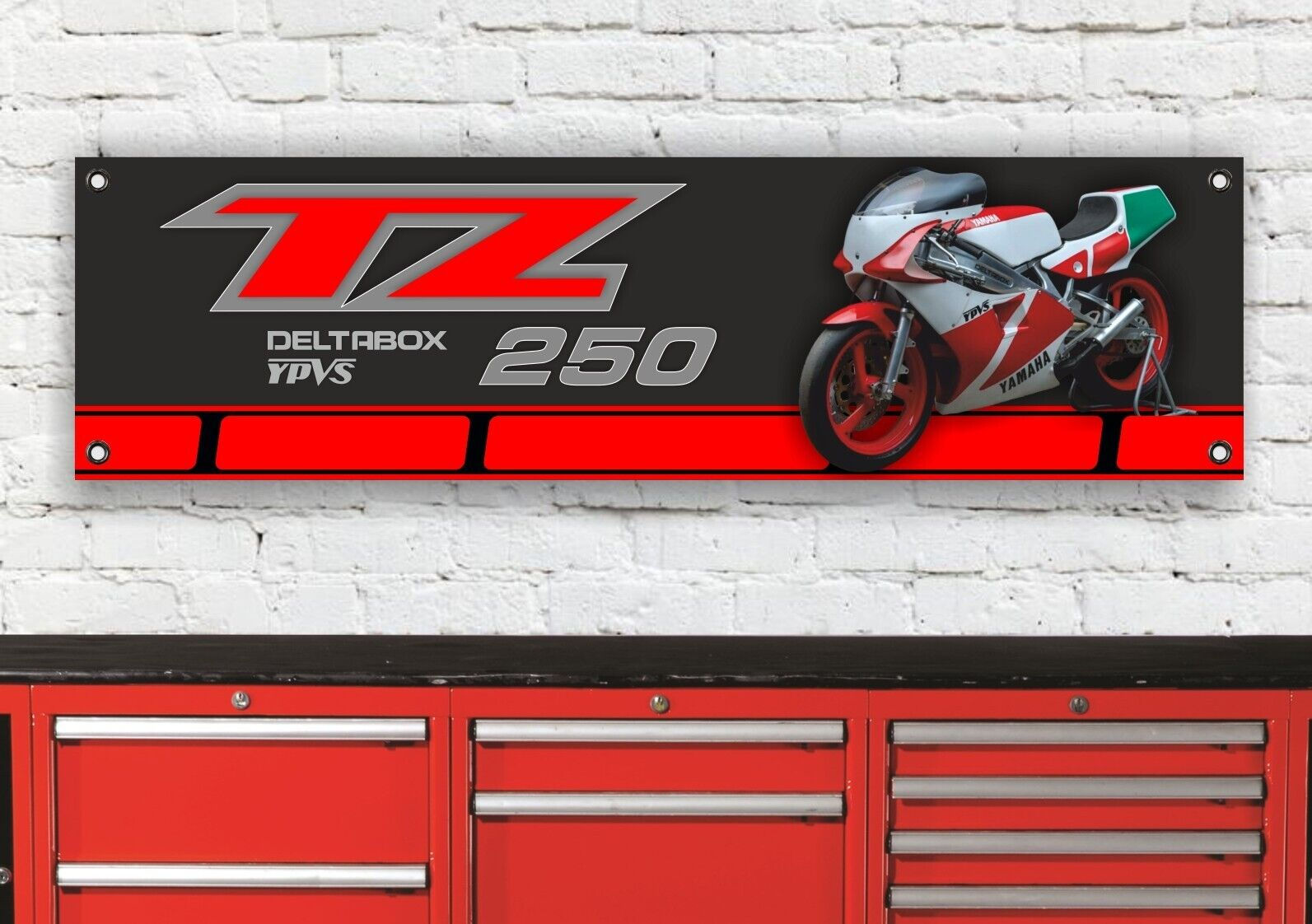 TZ 250 banner featuring motorcycle on red background with text