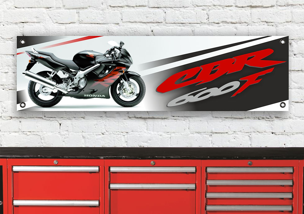 CBR 600 RR motorcycle banner, black, red and white, over a red cabinet.