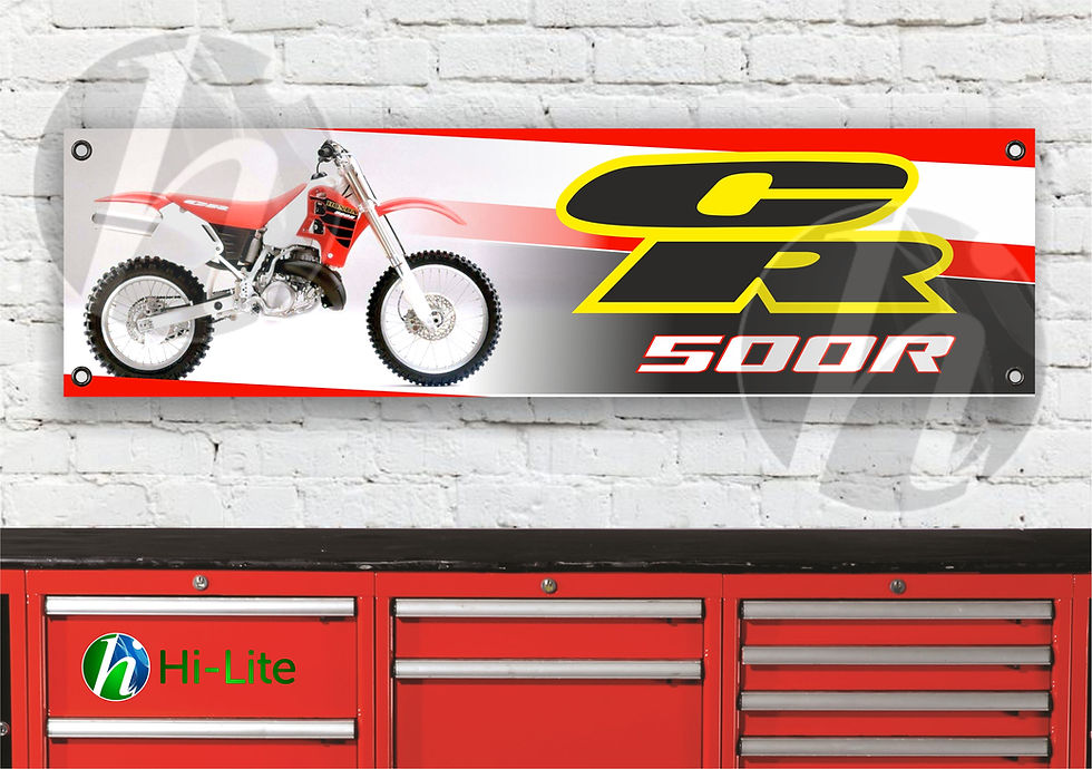 Red and white CR 250R graphic banner with 2002 CR250R and red tool chest.