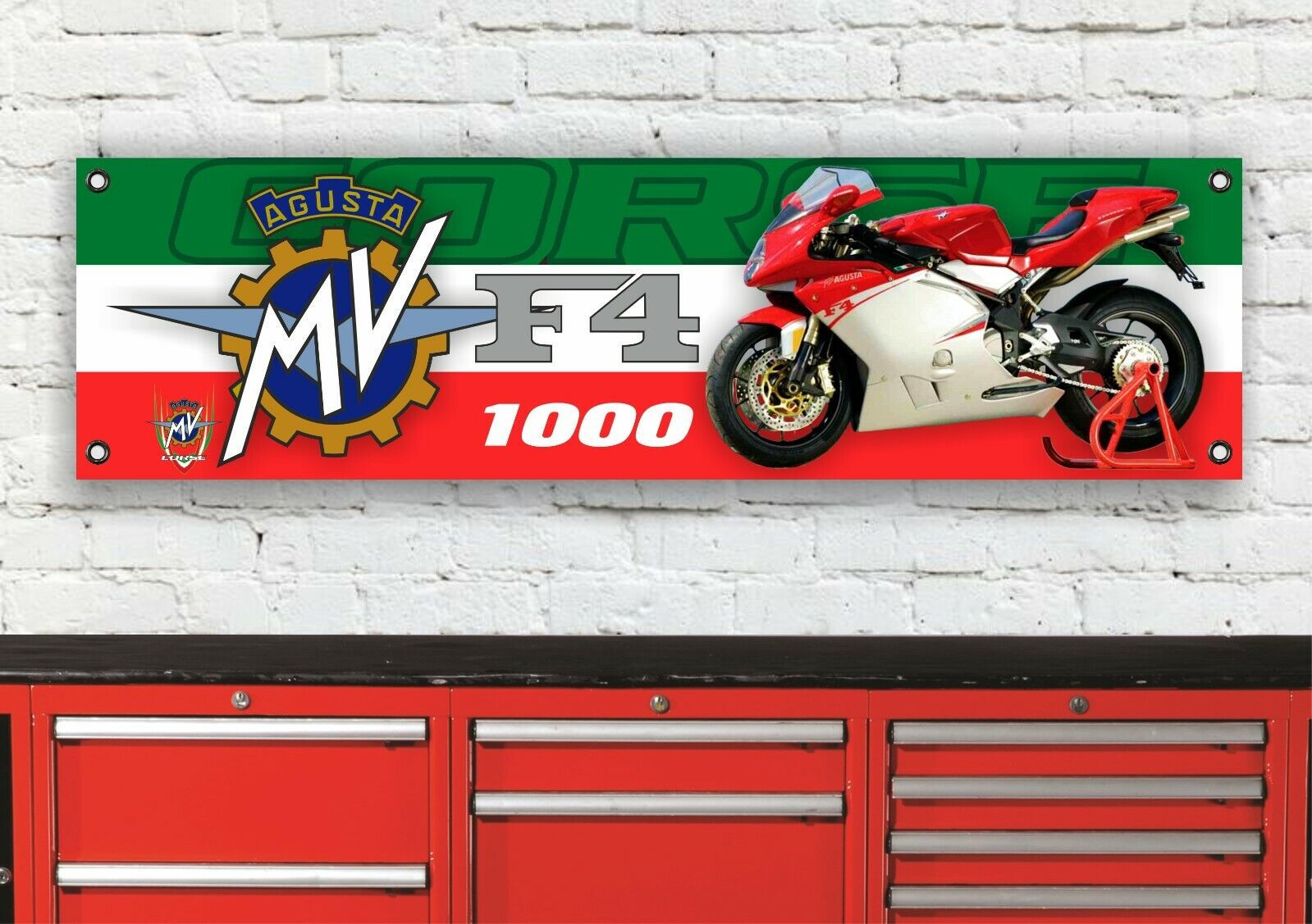 MV Agusta F4 1000 motorcycle on a shelf with red and white color scheme.