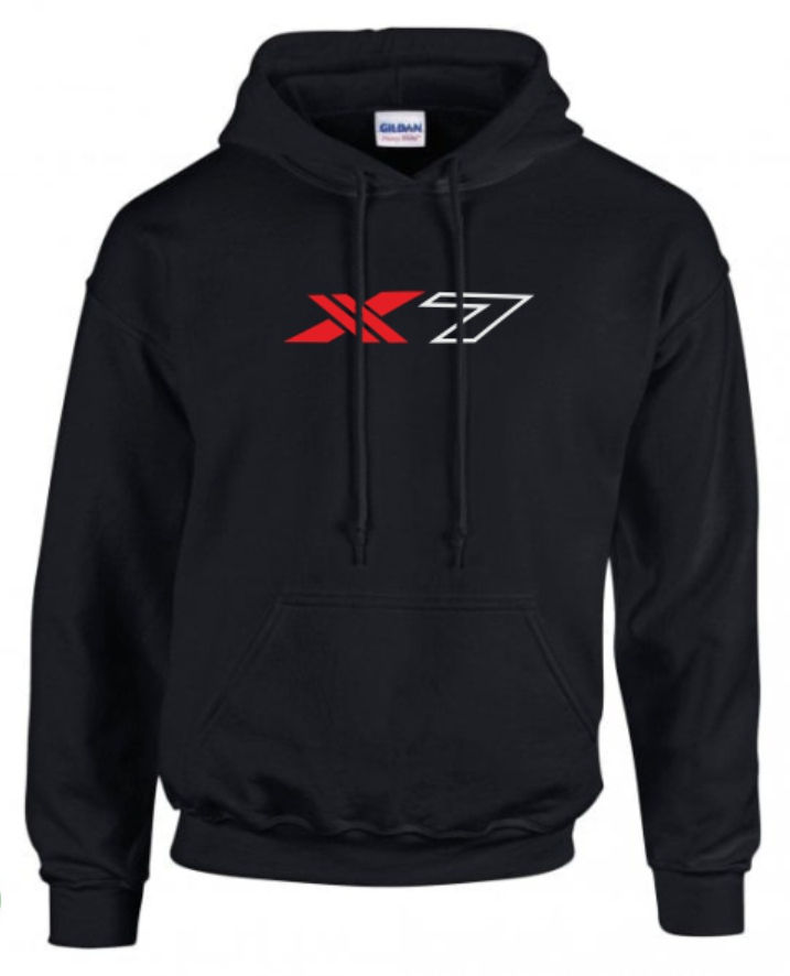 Black hoodie with X7 logo in red and white colors on it