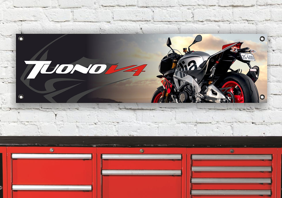 Motorcycle graphic with the text "NUOVO V4" and a red and black design on banner.