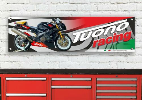 Motorcycle banner reads Tuono racing with a black Aprilia on display.