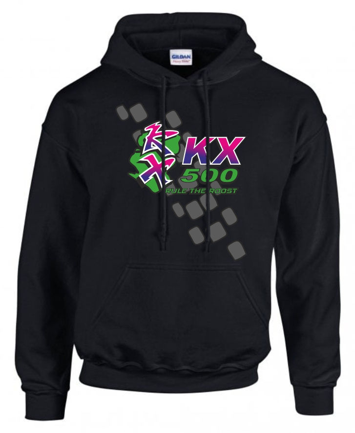 Black hoodie with "KX 500" text and colorful graphic design.