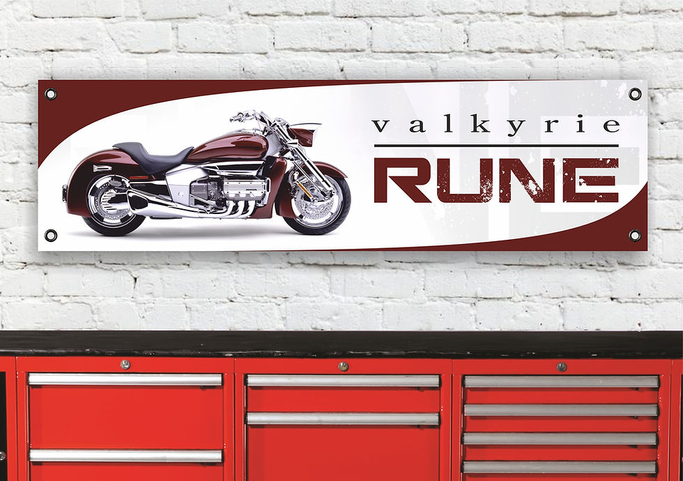 Honda Valkyrie Rune motorcycle sign, VALKYRIE RUNE RED, mounted on a brick wall.