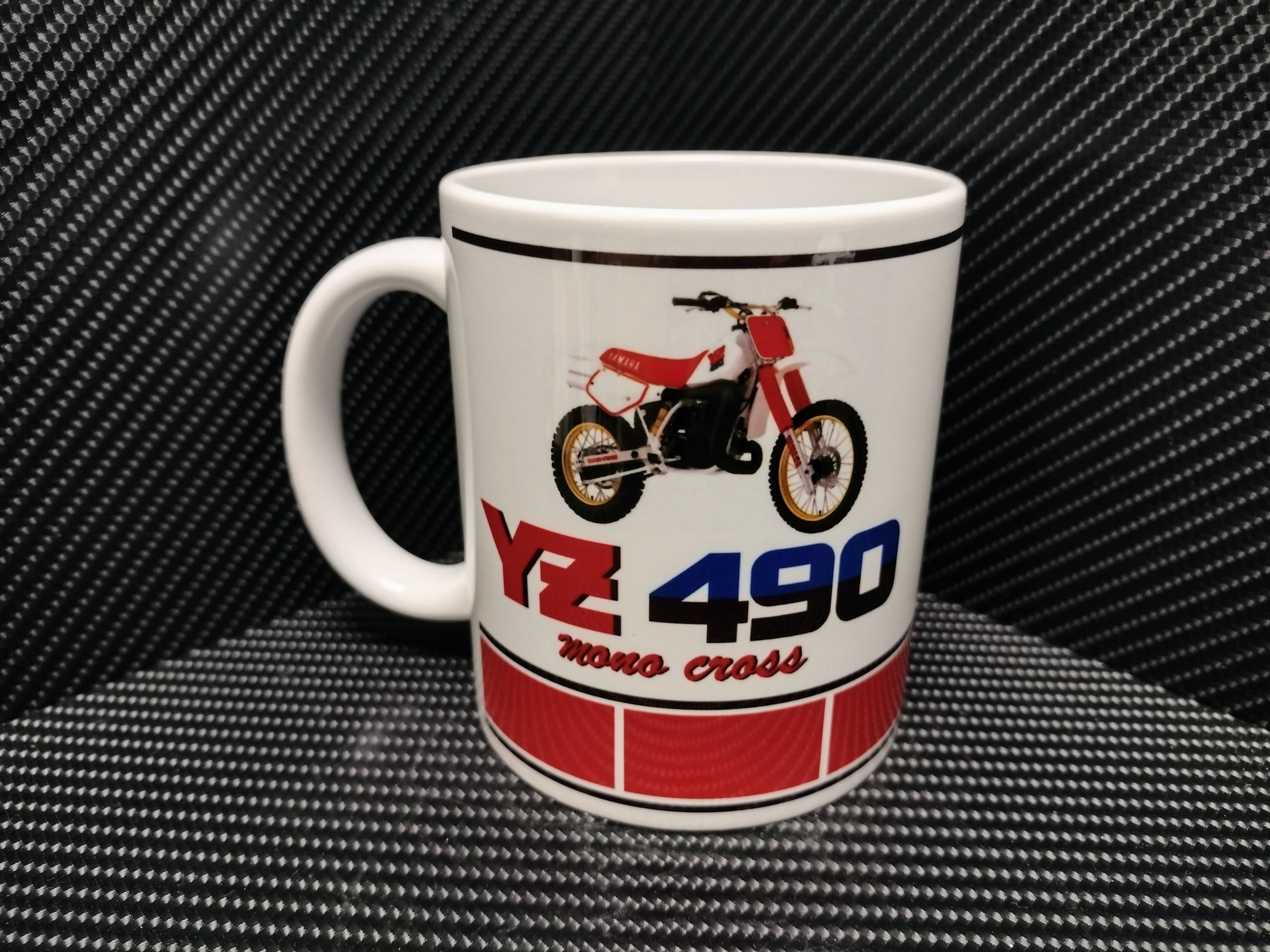 White coffee mug with YZ 490 and motorcycle graphic, red and white.