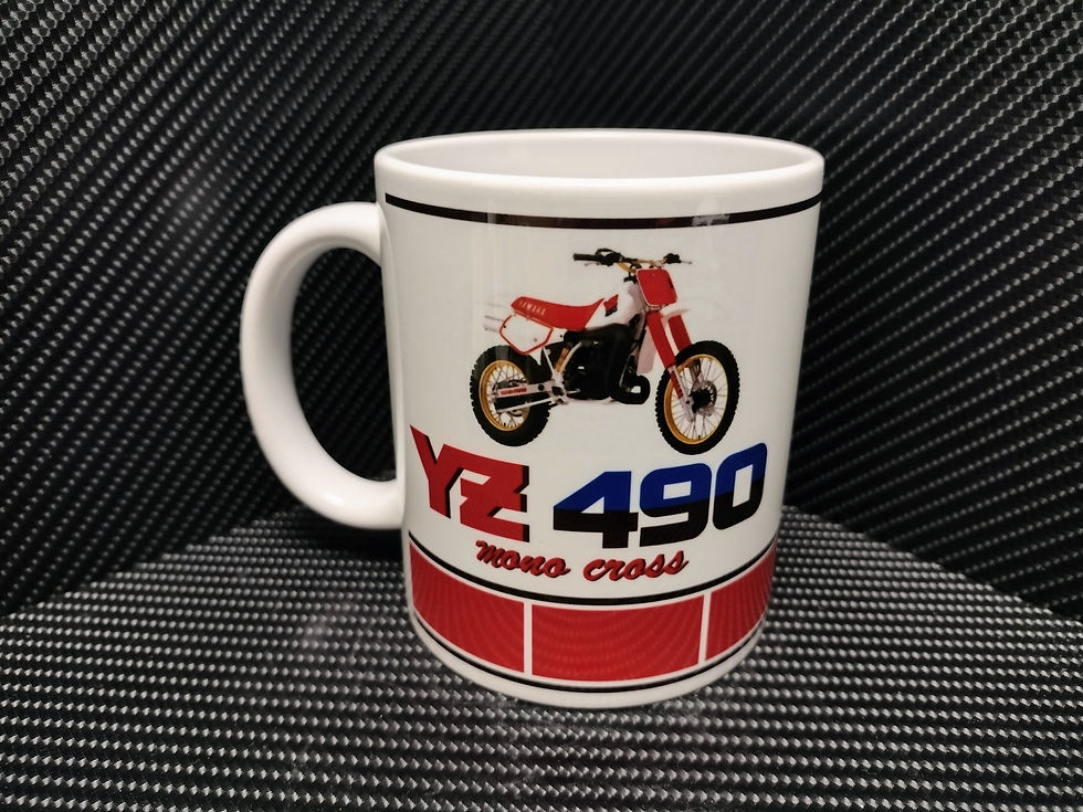 White coffee mug with YZ 490 and motorcycle graphic, red and white.