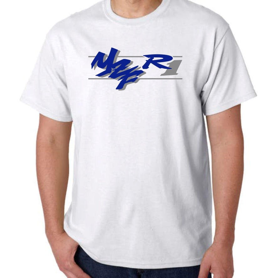 Man wearing white t-shirt with blue and grey text: Ninja R1 design.