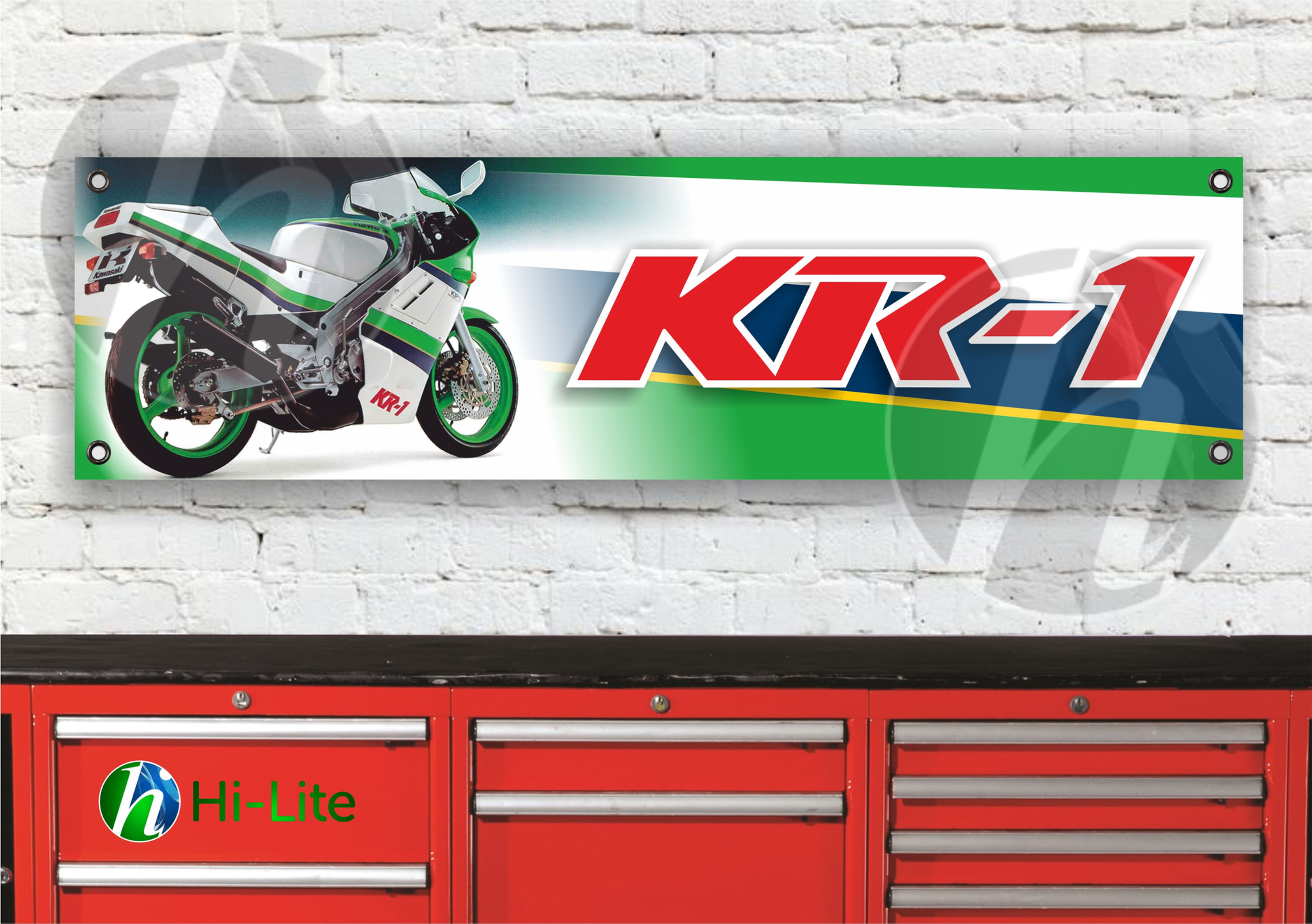 KR-1 motorcycle banner, white and green, displayed on a wall. KR-1 GREEN & WHITE