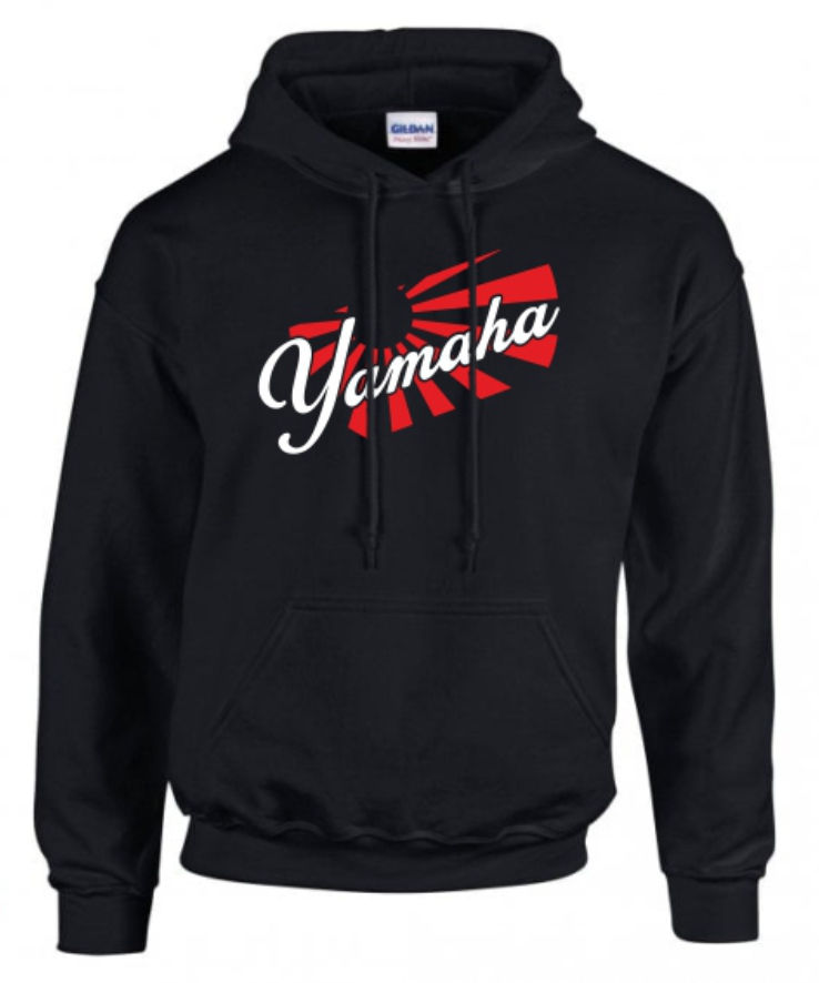 Black Yamaha hoodie with white Yamaha text and red rising sun background.