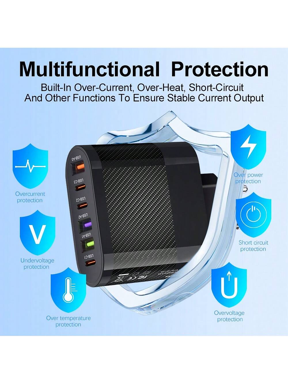 Thumbnail: 1 PC White EU Plug Charger 65W PD USB Charger 6 Ports USB Type C Charger Quick C